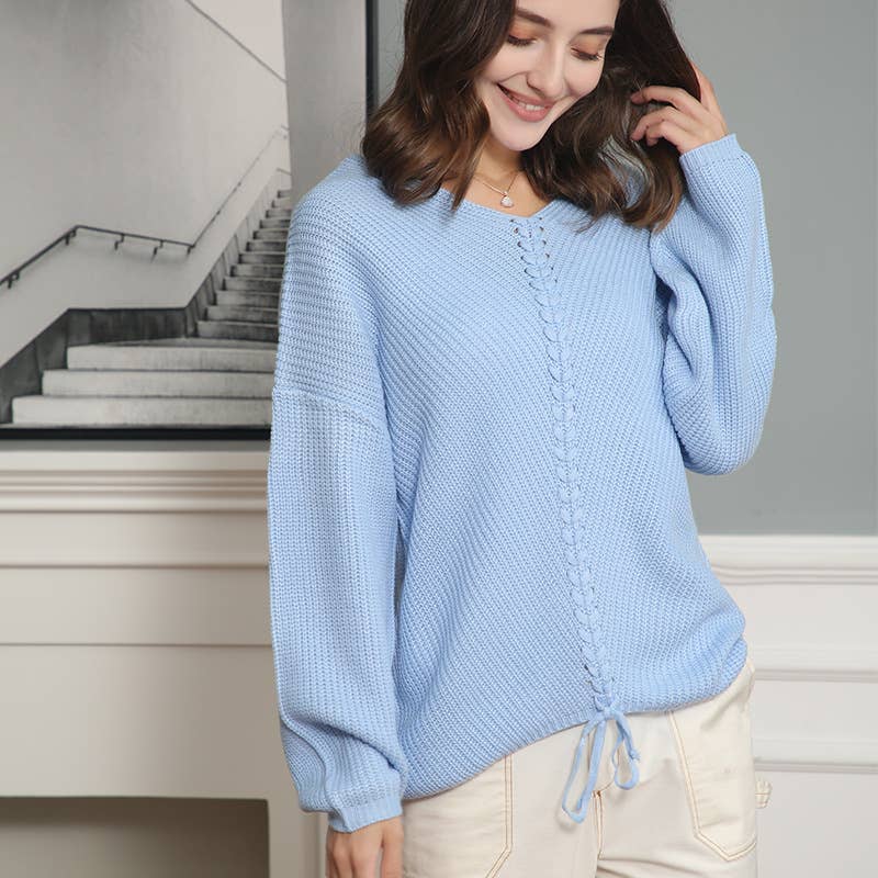 LONG SLEEVE LOOSE DRAWSTRING V-NECK SWEATER WOMAN