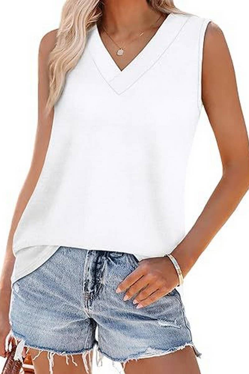 Cwtblsl0908_Solid V-Neck Sleeveless Casual Tank Top