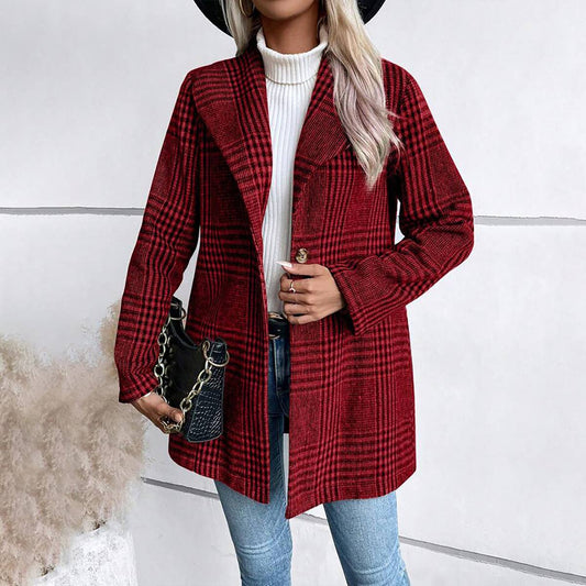 LAPEL WOOL PLAID COAT SLIM TEMPERAMENT COAT