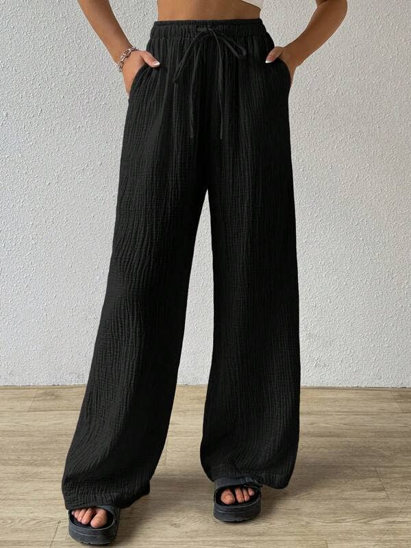 Elastic waist casual solid color wide-leg pants