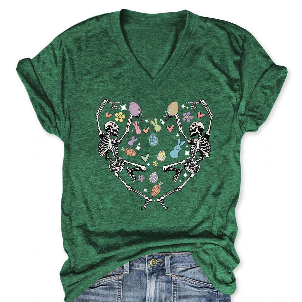 EASTER FUN PRINTED SKULL PERSONALITY VNECK TEES_CWTTS0868
