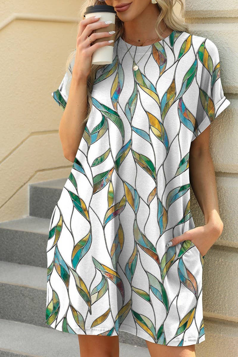 CWDSD7291_PRINTED CREW NECK SHORT SLEEVE POCKET DRESS