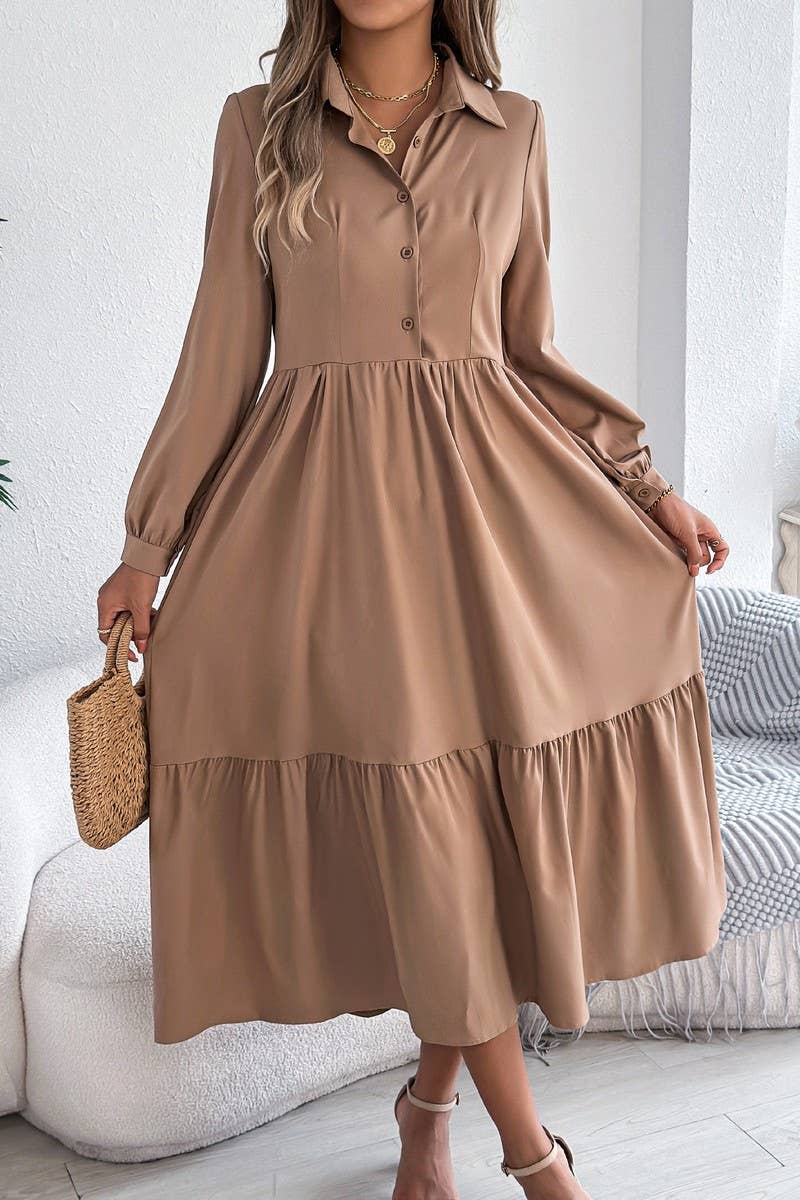 CWDMD6027_LOOSE FIT RUFFLE TRIM LONG SLEEVE SHIRT DRESS