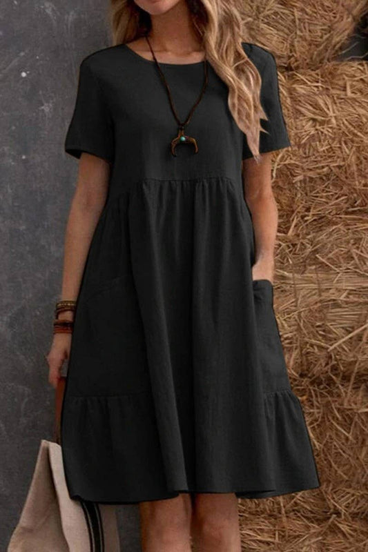 CWDSD8003_SUMMER RETRO LOOSE POCKET SOLID COLOR DRESS