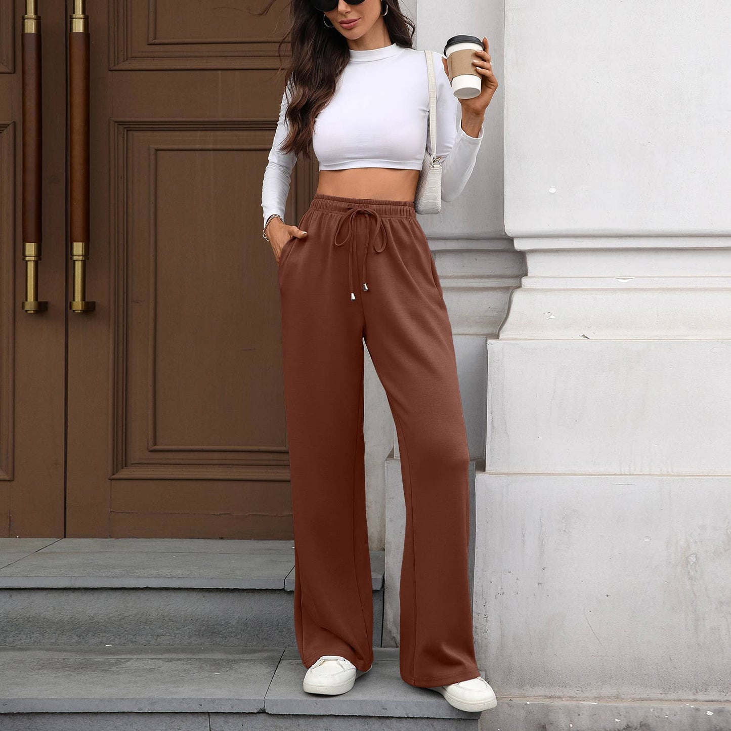 Solid color stretch waist loose straight pants