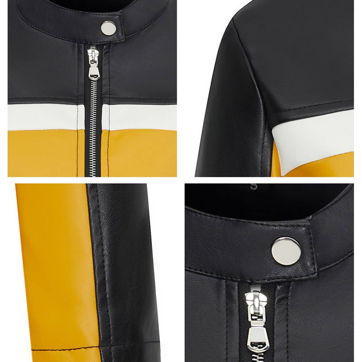 Colorblock PU Biker Jacket?Sexy Slim Stand Collar