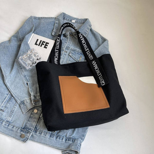 PRINTED PATCHWORK CONTRAST COLOR CANVAS BAG_CWAB2692