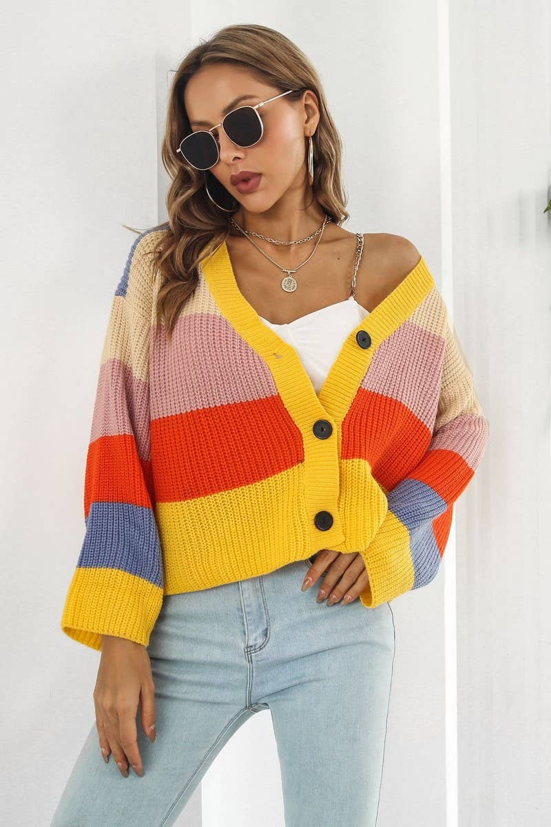 CWOCAL1224_CONTRAST RAINBOW STRIPES LOOSE KNIT CARDIGAN