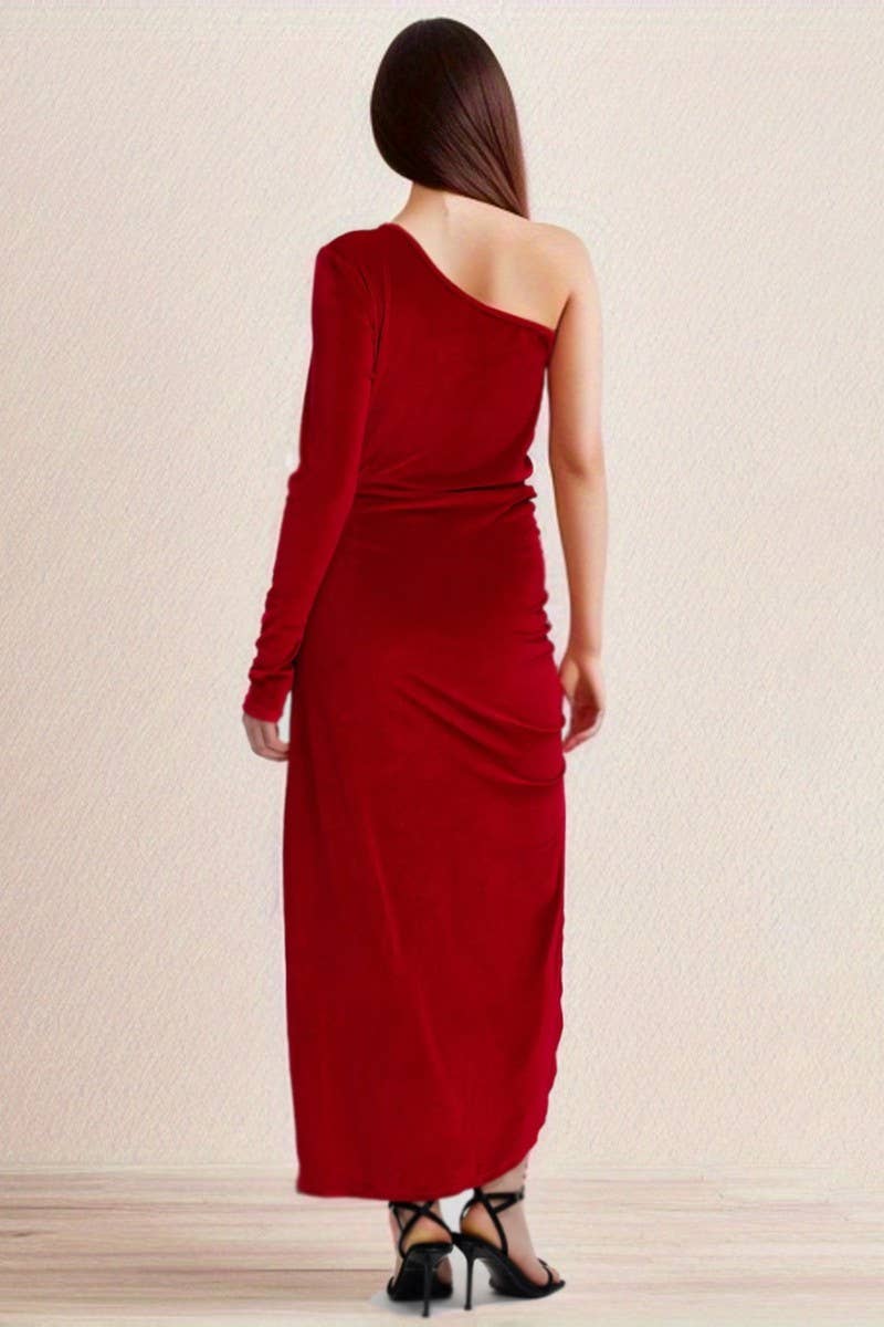 CWDMD4696_2024 NEW SLIT DRESS SEXY SLIM ONE SHOULDER DRESS