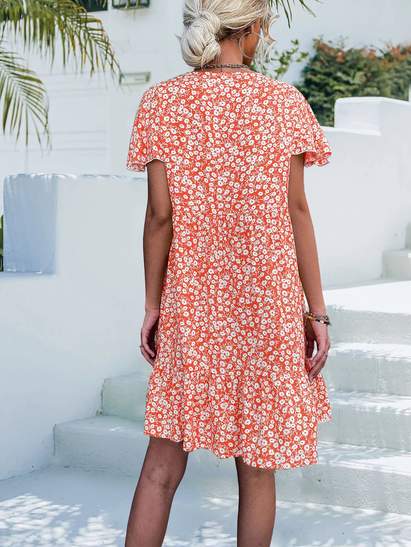 Single breasted V-neck floral loose short dress