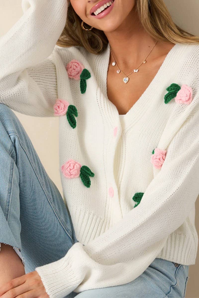 CWOCAL2354_3D FLORAL LONG SLEEVE KNIT CARDIGAN