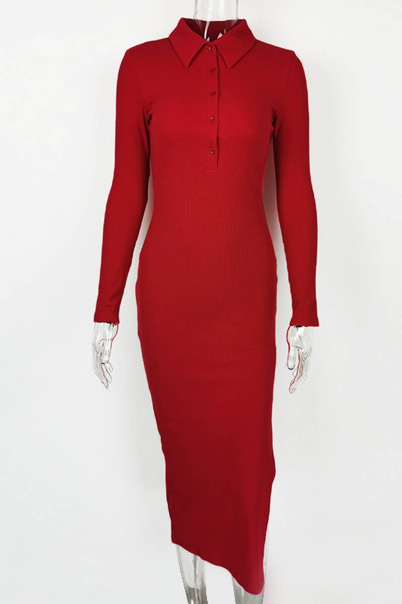 CWDMD4903_SLIM FIT POLO NECK RIBBED LONG SLEEVE SLIT DRESS