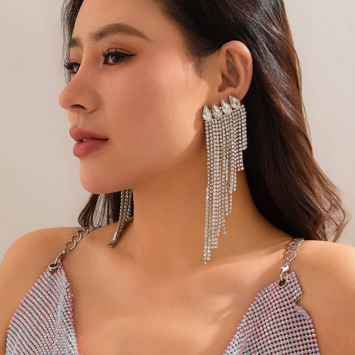 FRENCH STYLE TASSEL RHINESTONE EARRINGS