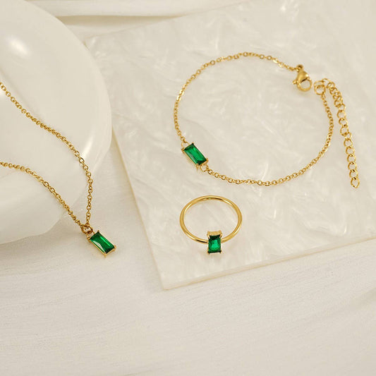Emerald titanium steel necklace three-piece set