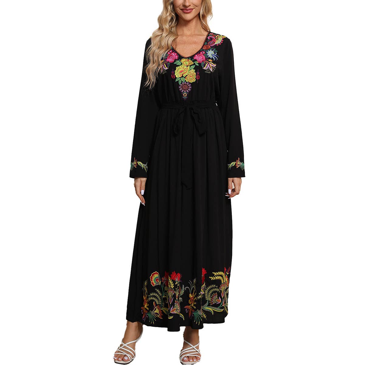 Women's long-sleeved embroidered long dress