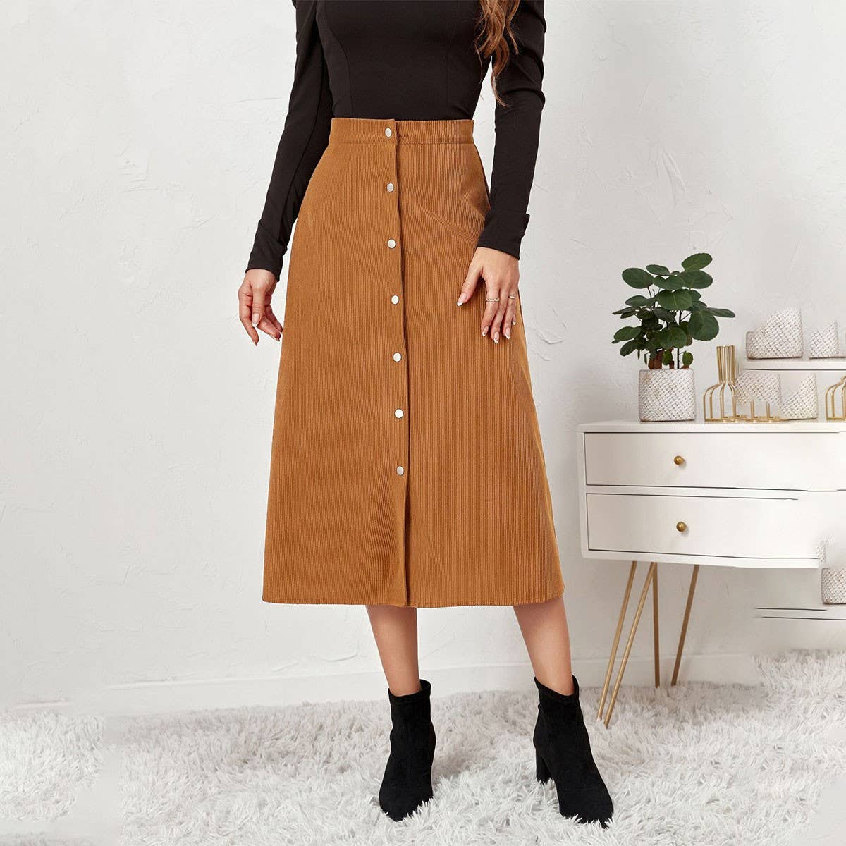 CORDUROY SKIRT SINGLE BREASTED HIGH WAISTLONGSKIRT