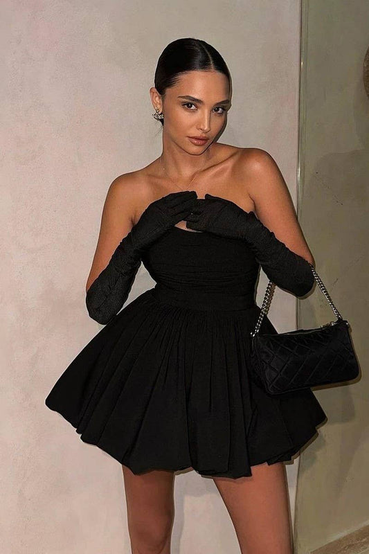 CWDTD0473_RUCHED STRAPLESS LITTLE BLACK A-LINE DRESS