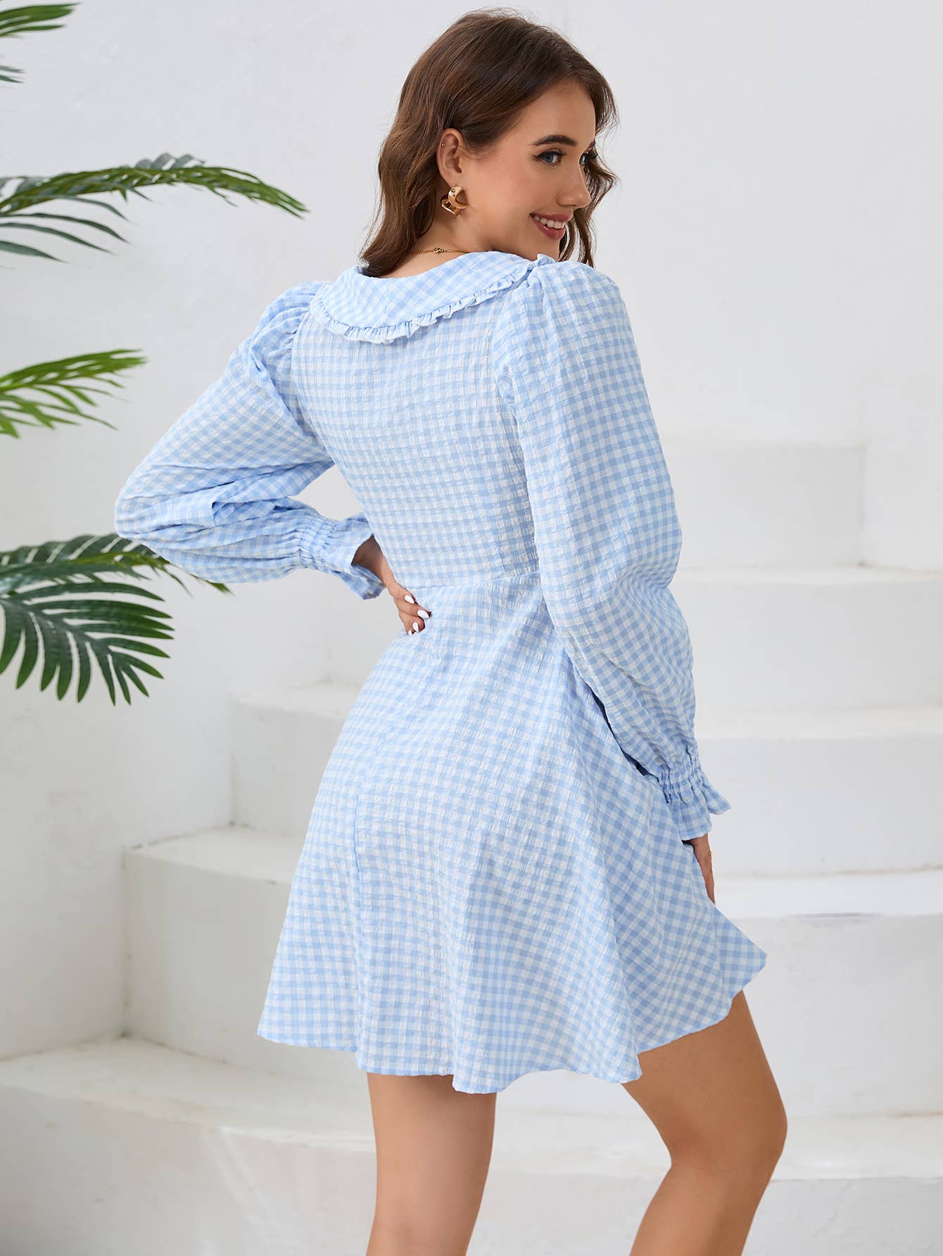 Plaid V-Neck Long Sleeve Fit and Flare Dress