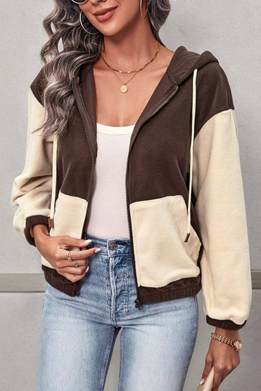 CWOCO1007_HOODED DRAWSTRING LONG-SLEEVED FLEECE JACKET