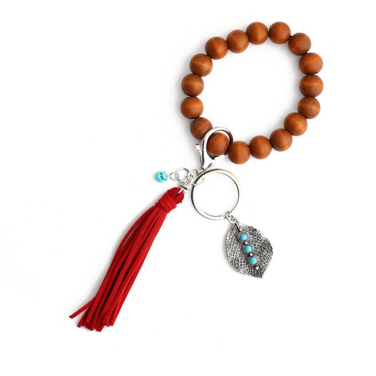 Boho Tassel Keychain with Leaf Charm and Wood Beads_CWAB5087