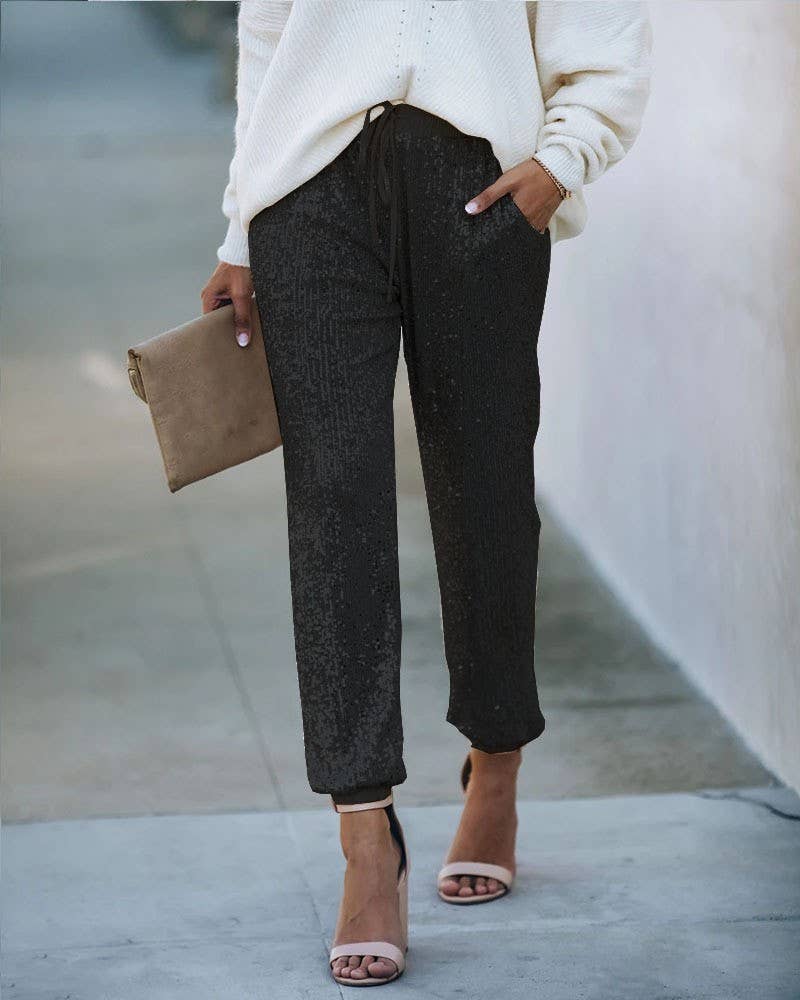 THIN ELASTIC LEG SEQUIN BASIC WOMEN'S PANTS