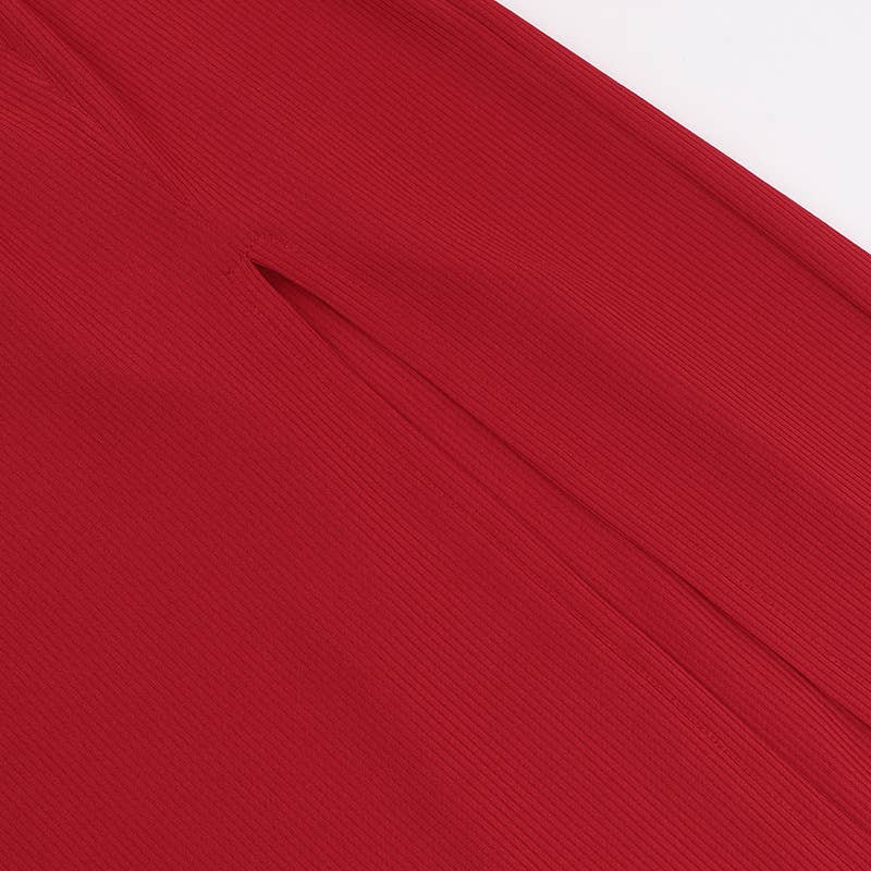 KNIT CREW NECK SPLIT LONG SLEEVE HALTER DRESS