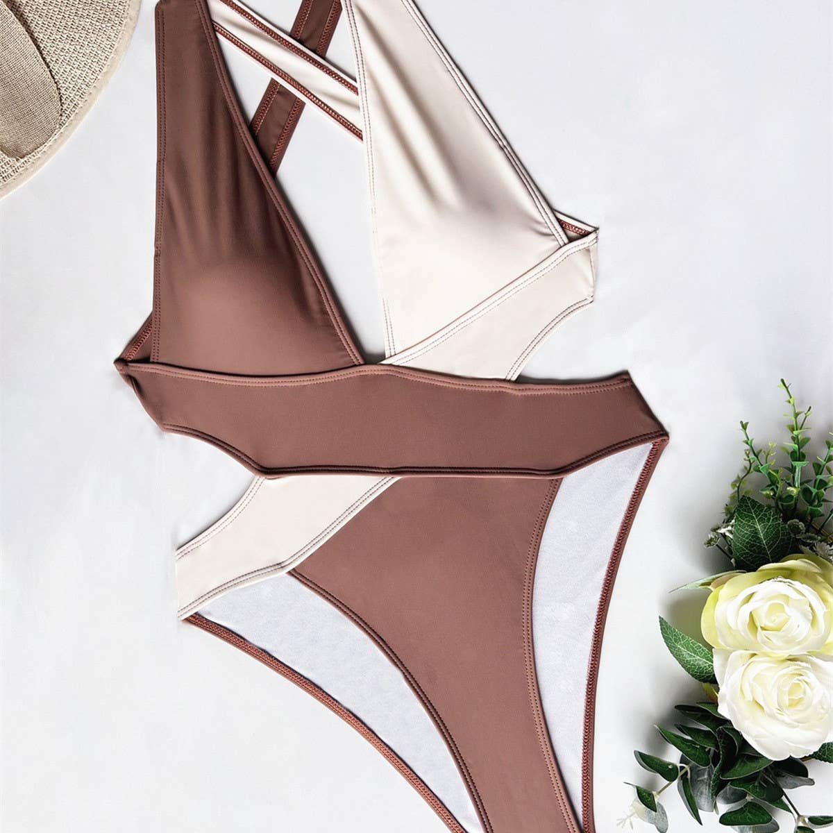 CROSS-CONTRAST ONE-PIECE SWIMSUIT