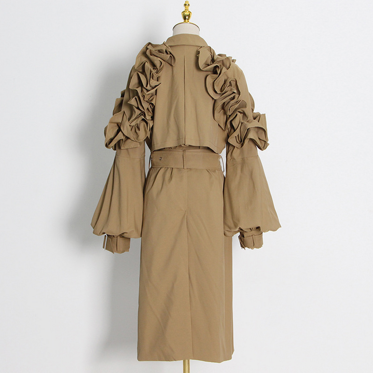 Trendy Belted Trench Coat with Ruffle & Patchwork