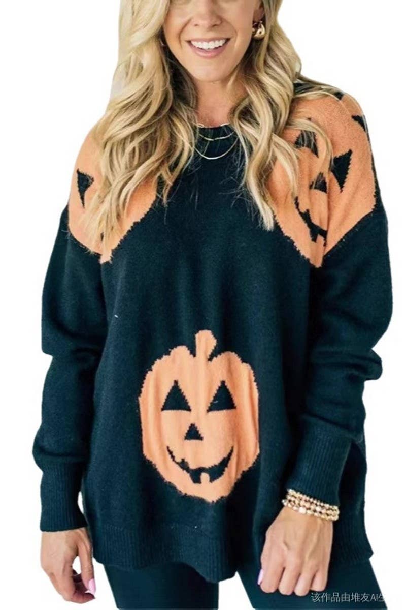CWOSWL07655_HALLOWEEN PUMPKIN PRINT PULLOVER SWEATER