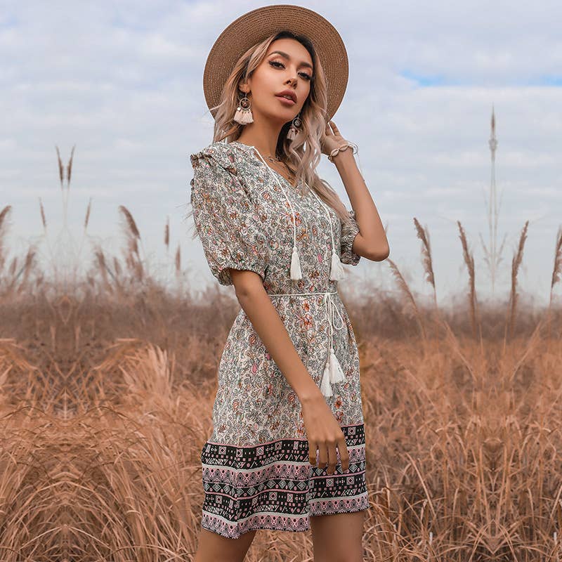 TAILORED FLORAL DRESS WITH FRINGE V-NECK LACE-UP