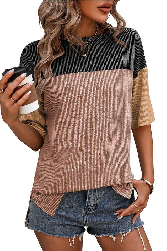 Cwtts1317_Summer Round Neck Color Block Loose T-Shirt