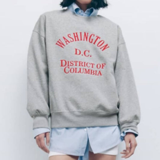 EMBROIDERED LOOSE RIBBED PULLOVER HOODIE