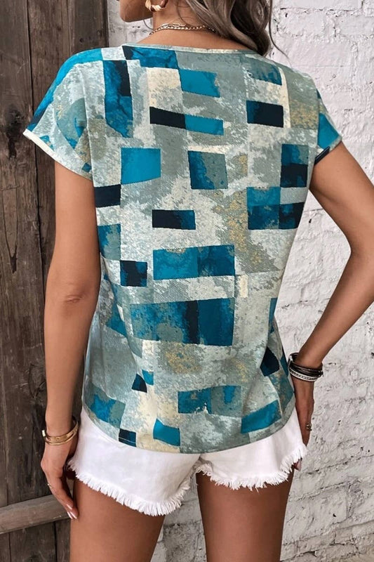 Cwtbls1147_Summer Geometric Pattern Loose Short Sleeve Top