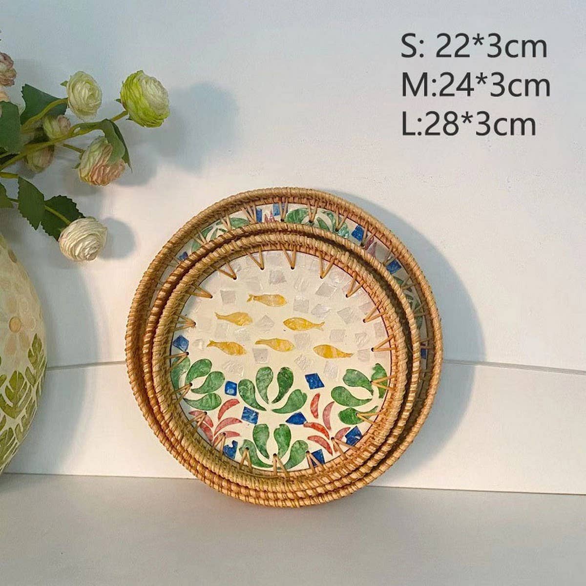 RATTAN COLORFUL SHELL FRUIT TRAY THREE-PIECE SET_CWMM4428