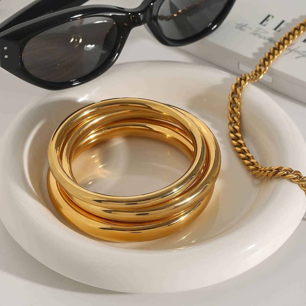 Elegant Gold Tone Round Bangle, Titanium Steel