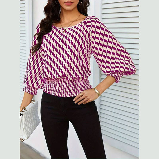 WAIST-IN COLOR CONTRAST PRINTED LONG SLEEVET-SHIRT