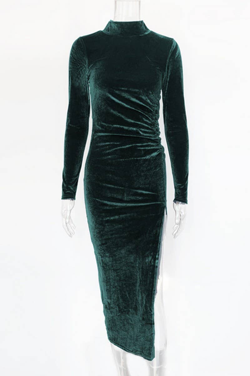 CWDMD4904_HIGH NECK LONG SLEEVE PLEATED SLIT DRESS