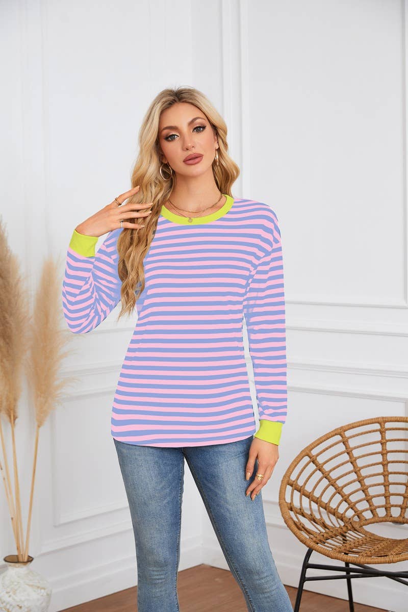 STRIPED CREW-NECK LONG-SLEEVED PULLOVER HOODIE