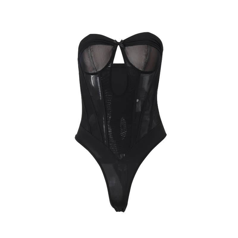 A corset, sheer, short, tight, cinched jumpsuit
