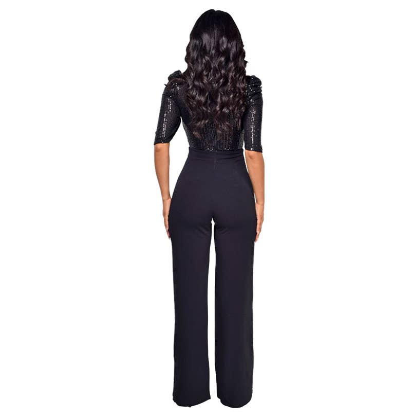 Round-neck,high-waisted sequined jumpsuit
