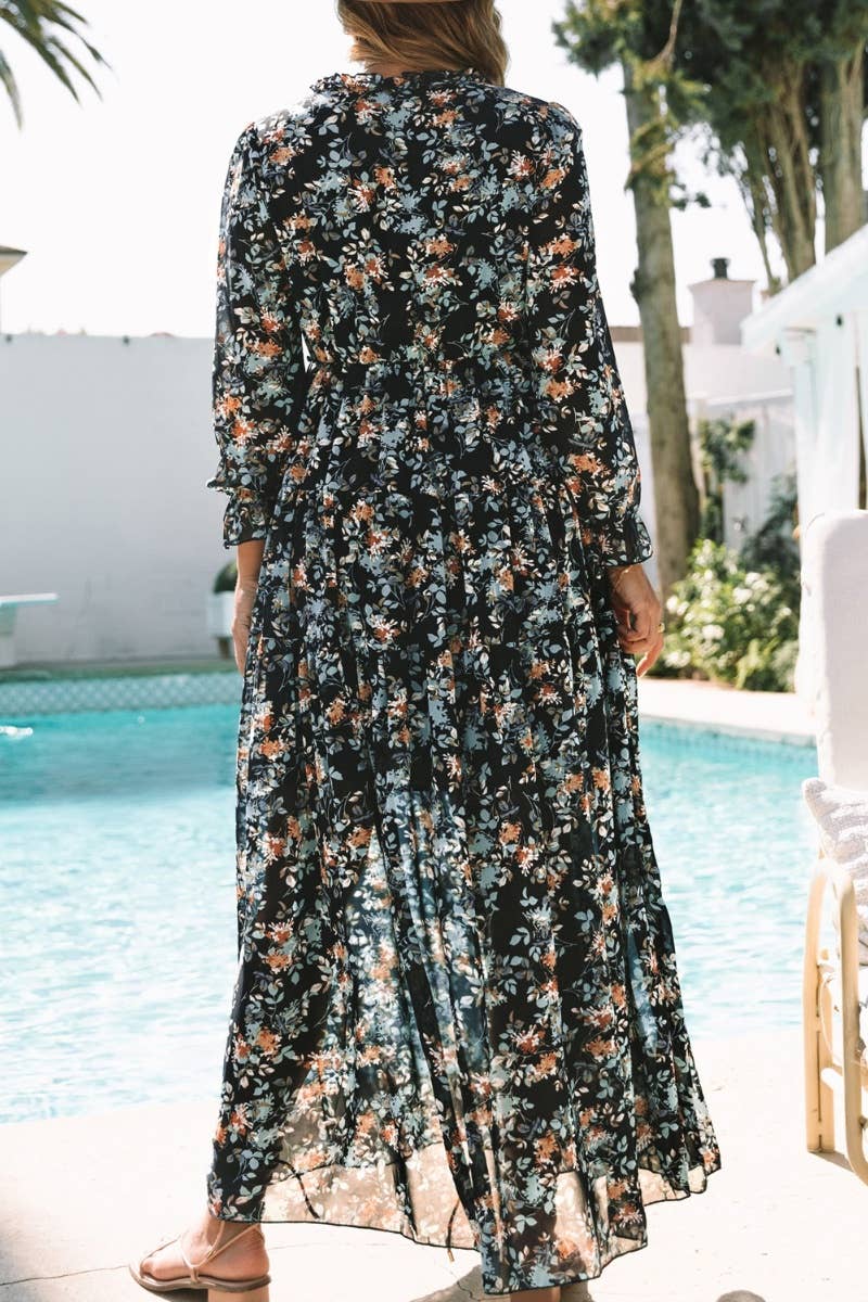 CWDMD2958_RUFFLED TIERED LONG-SLEEVED V-NECK FLORAL DRESS