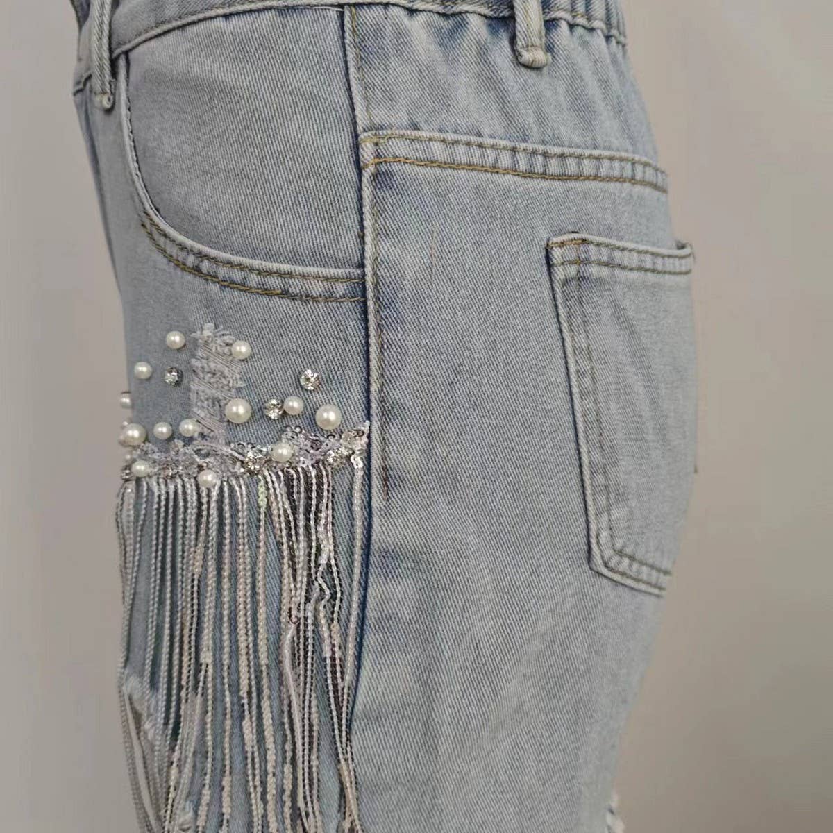 WASHED DIAMOND BEADED DENIM SHORTS FRINGE HOT PANTS