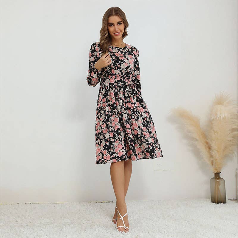 PRINTED CREW NECK SLIM WAIST SHORT DRESS