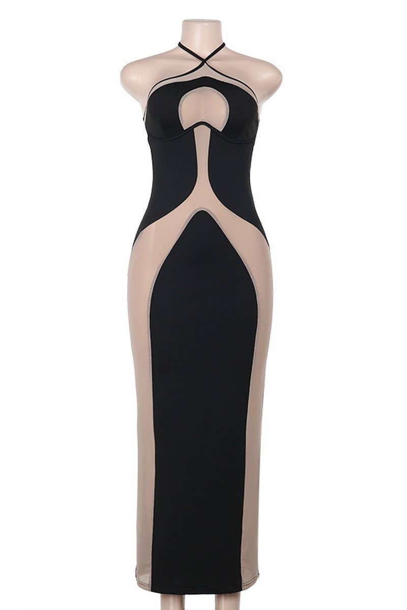 CWDHL0637_HALTER NECK CAMISOLE SLIM CUTOUT DRESS