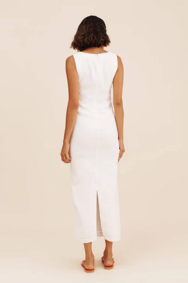 CWDMD5260_SOLID SQUARE NECK SLIM FIT COTTON-LINEN DRESS