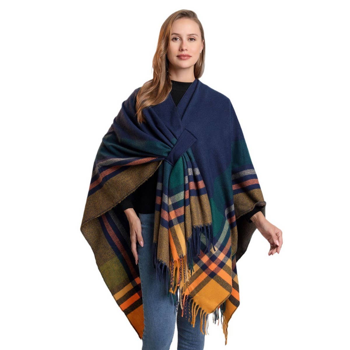 KNITTED FRINGED SHAWL DOUBLE-SIDED PLAID SCARF