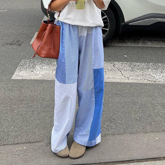 BLUE PLAID PATCHWORK PRINT ELASTIC WAIST PANTS