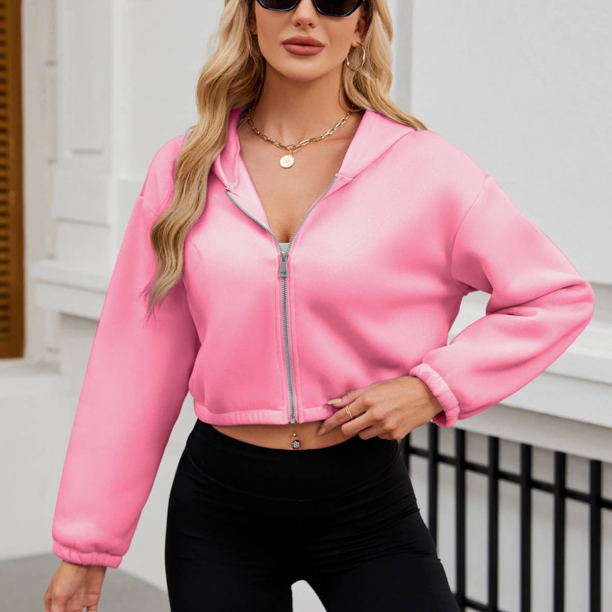 ZIPPER HOODED SOLID SHORT LONG-SLEEVED HOODIE