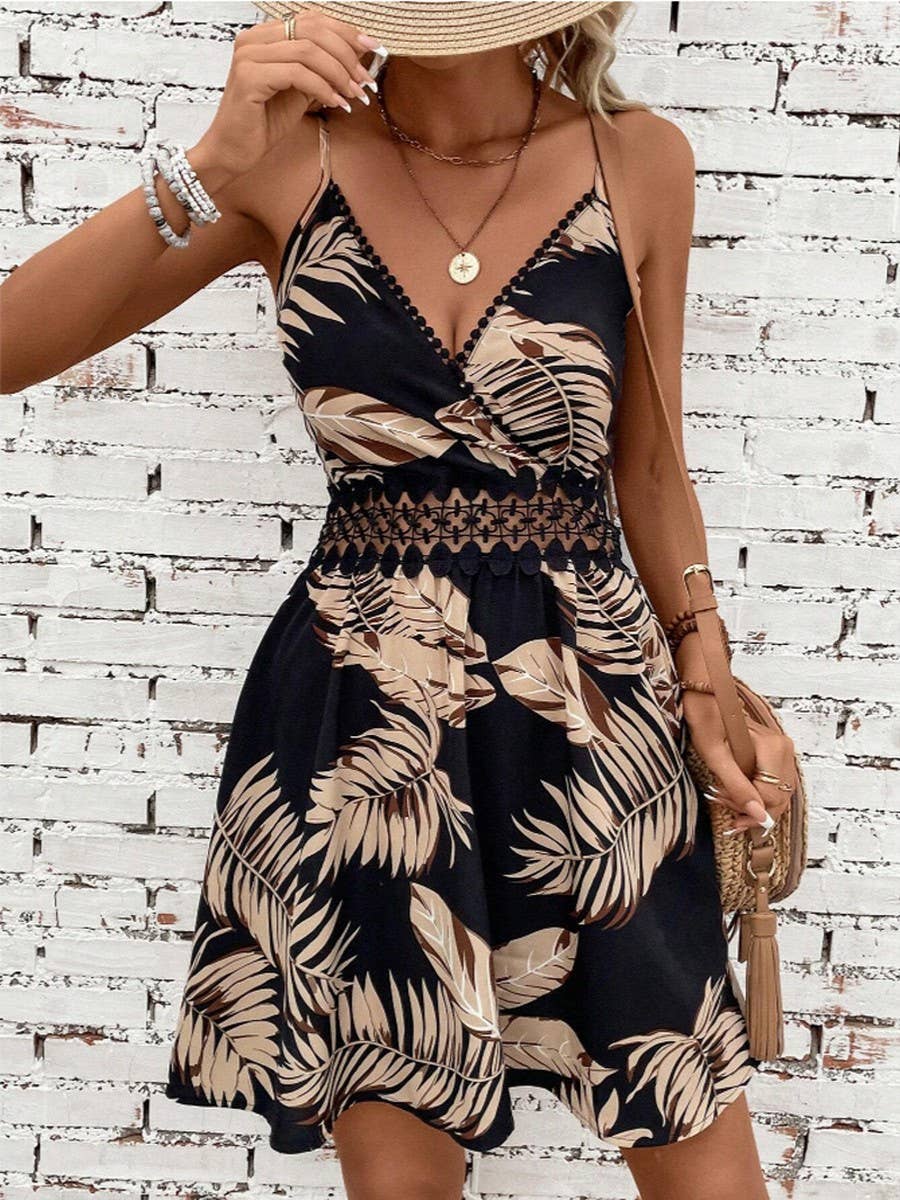 Tropical print lace applique cambric dress