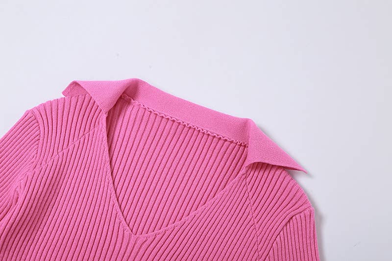 LONG SLEEVE LAPEL SOLID COLOR SLIM CROP KNIT TOP